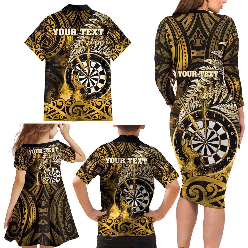 Personalised New Zealand Darts Family Matching Long Sleeve Bodycon Dress and Hawaiian Shirt Maori Koru Dartboard Gold Flame