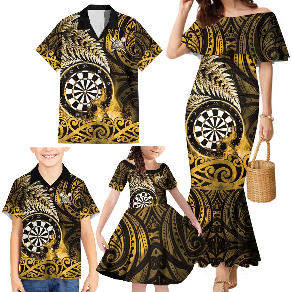 Personalised New Zealand Darts Family Matching Mermaid Dress and Hawaiian Shirt Maori Koru Dartboard Gold Flame