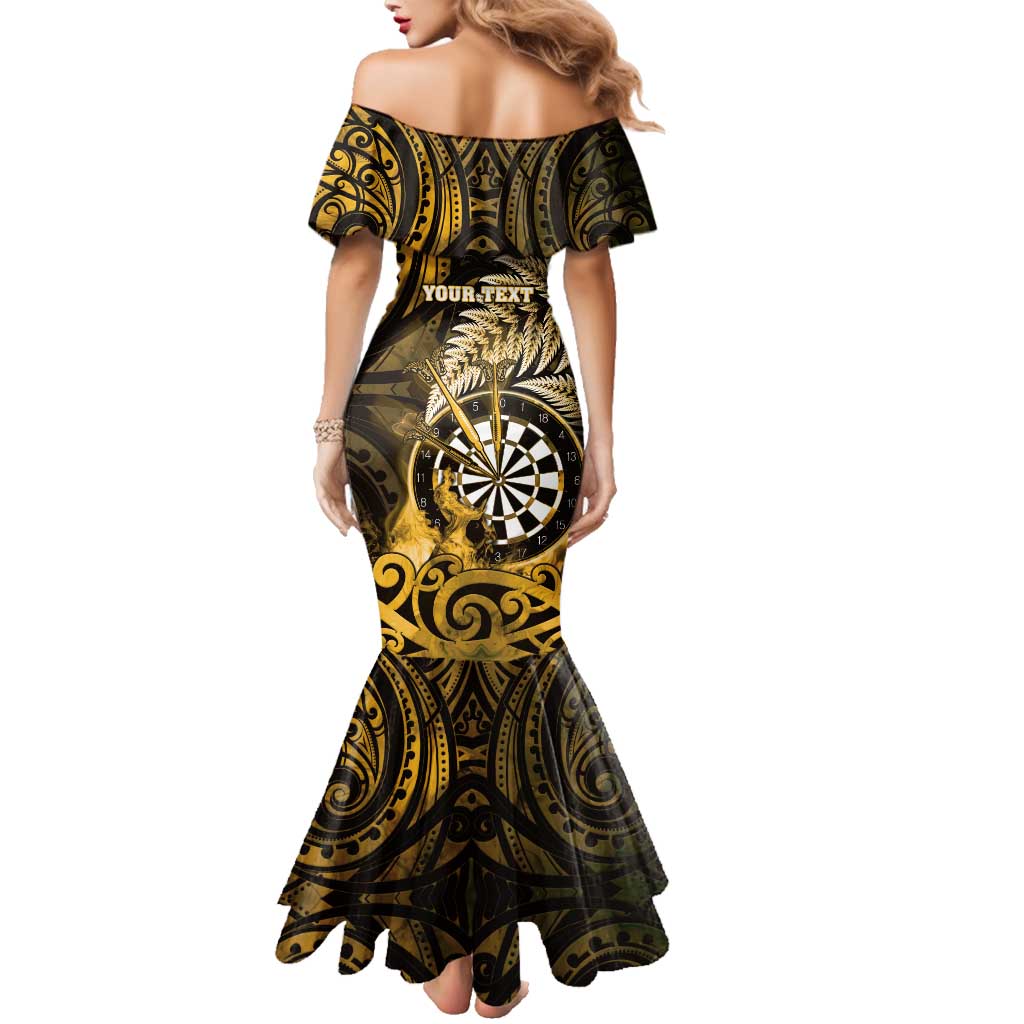 Personalised New Zealand Darts Family Matching Mermaid Dress and Hawaiian Shirt Maori Koru Dartboard Gold Flame