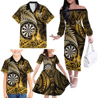 Personalised New Zealand Darts Family Matching Off The Shoulder Long Sleeve Dress and Hawaiian Shirt Maori Koru Dartboard Gold Flame