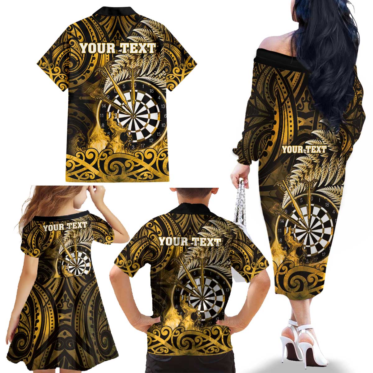 Personalised New Zealand Darts Family Matching Off The Shoulder Long Sleeve Dress and Hawaiian Shirt Maori Koru Dartboard Gold Flame