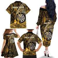 Personalised New Zealand Darts Family Matching Off The Shoulder Long Sleeve Dress and Hawaiian Shirt Maori Koru Dartboard Gold Flame