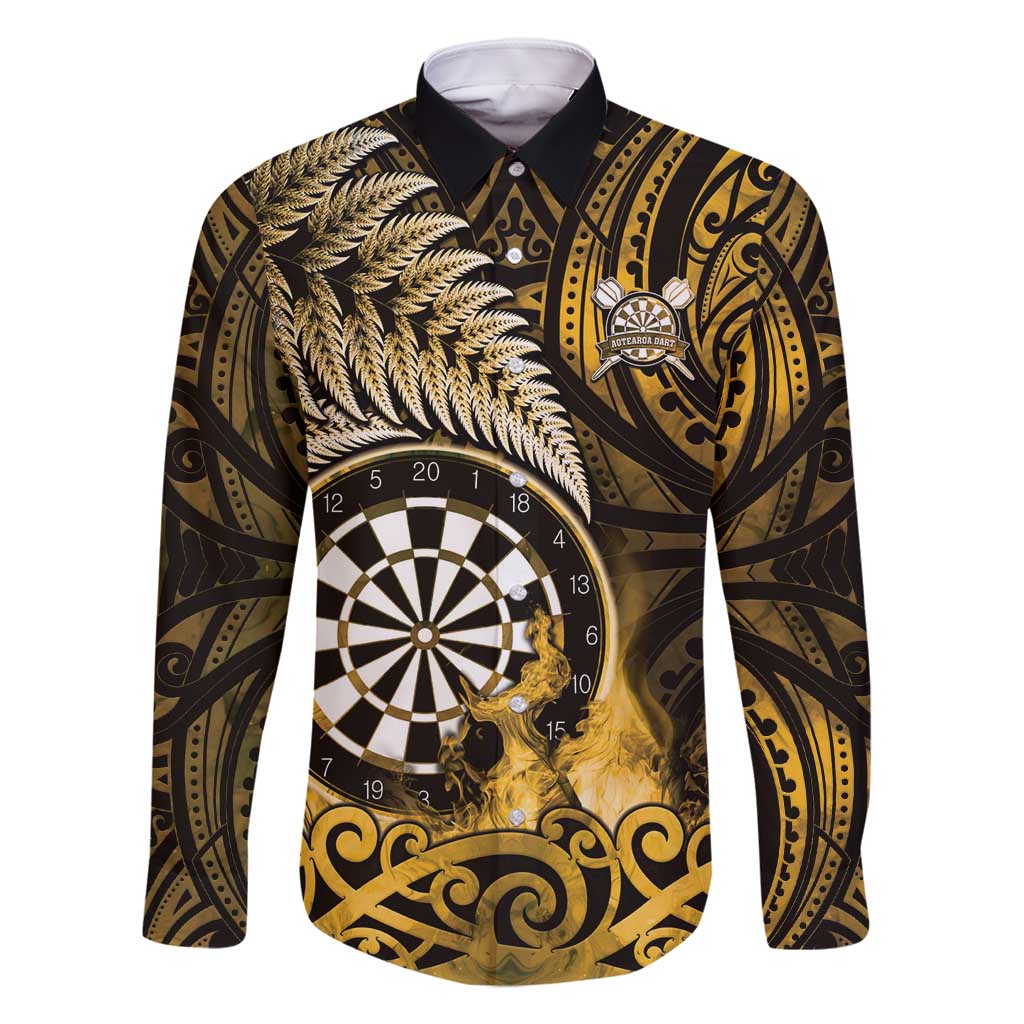 Personalised New Zealand Darts Family Matching Off Shoulder Maxi Dress and Hawaiian Shirt Maori Koru Dartboard Gold Flame