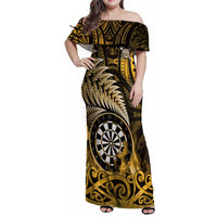 Personalised New Zealand Darts Family Matching Off Shoulder Maxi Dress and Hawaiian Shirt Maori Koru Dartboard Gold Flame
