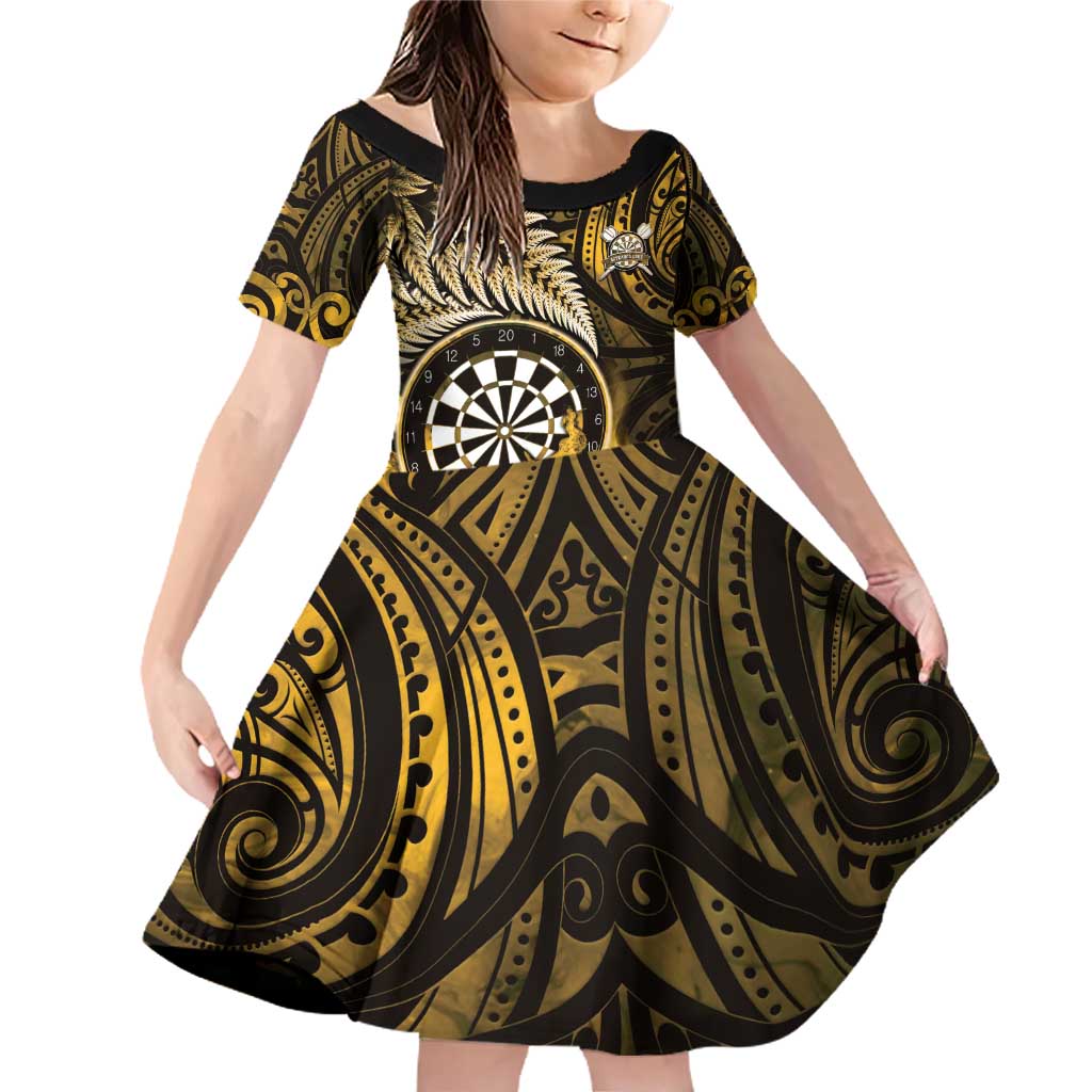 Personalised New Zealand Darts Family Matching Off Shoulder Short Dress and Hawaiian Shirt Maori Koru Dartboard Gold Flame