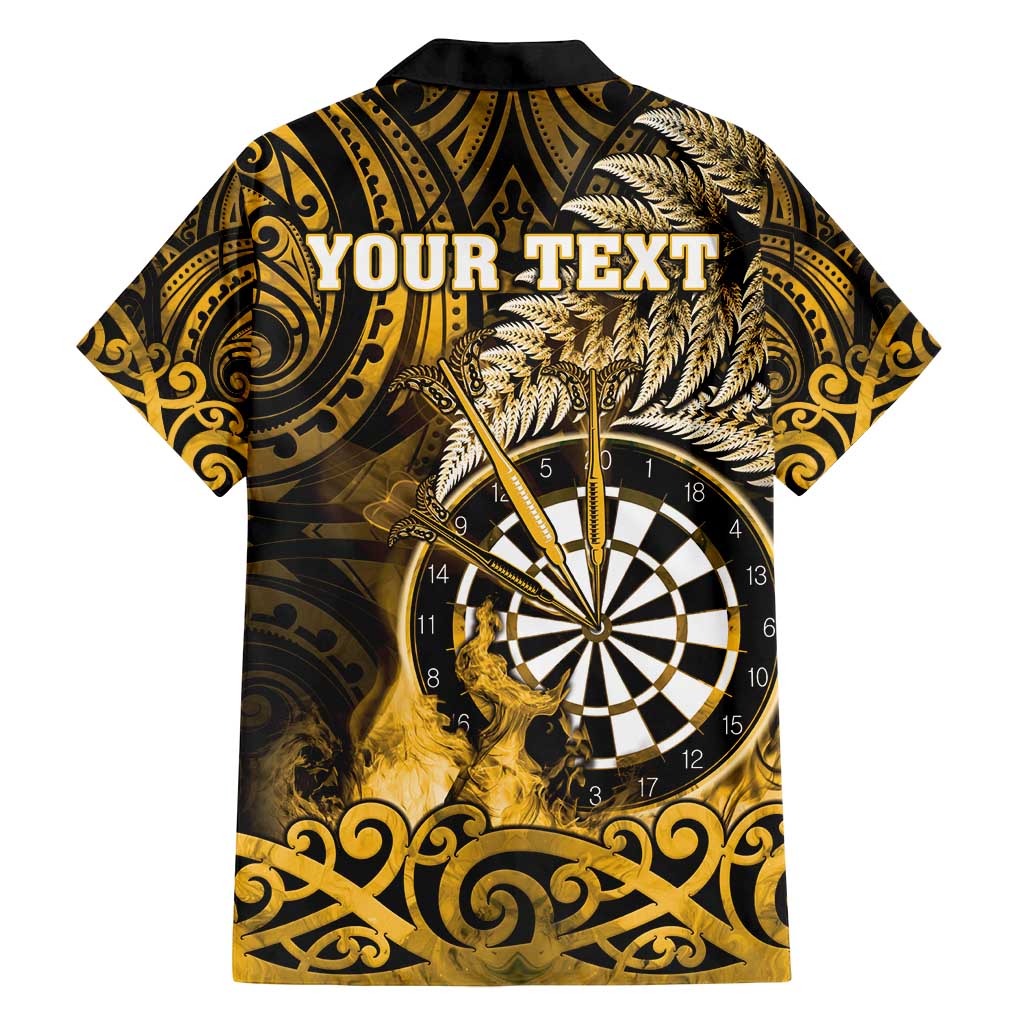 Personalised New Zealand Darts Family Matching Off Shoulder Short Dress and Hawaiian Shirt Maori Koru Dartboard Gold Flame