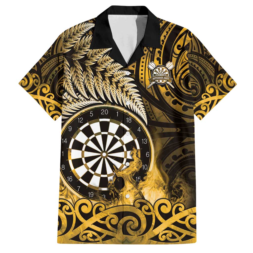 Personalised New Zealand Darts Family Matching Puletasi and Hawaiian Shirt Maori Koru Dartboard Gold Flame