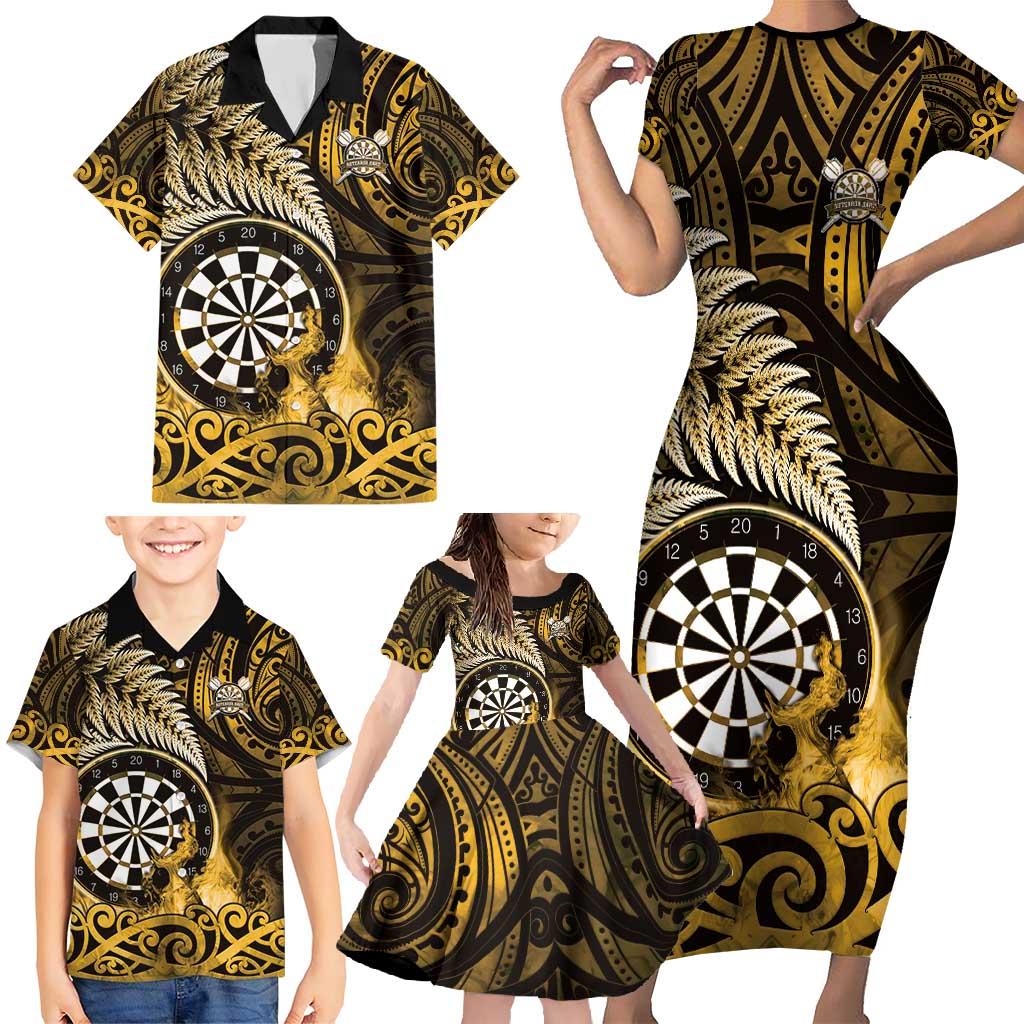 Personalised New Zealand Darts Family Matching Short Sleeve Bodycon Dress and Hawaiian Shirt Maori Koru Dartboard Gold Flame