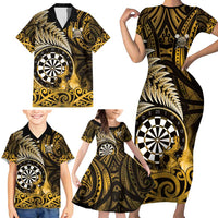 Personalised New Zealand Darts Family Matching Short Sleeve Bodycon Dress and Hawaiian Shirt Maori Koru Dartboard Gold Flame