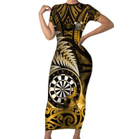 Personalised New Zealand Darts Family Matching Short Sleeve Bodycon Dress and Hawaiian Shirt Maori Koru Dartboard Gold Flame