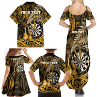 Personalised New Zealand Darts Family Matching Summer Maxi Dress and Hawaiian Shirt Maori Koru Dartboard Gold Flame