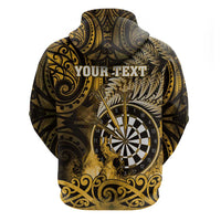 Personalised New Zealand Darts Hoodie Maori Koru Dartboard Gold Flame