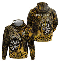Personalised New Zealand Darts Hoodie Maori Koru Dartboard Gold Flame