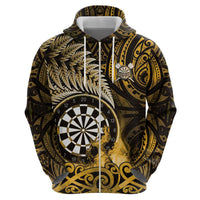 Personalised New Zealand Darts Hoodie Maori Koru Dartboard Gold Flame