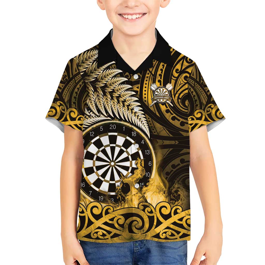 Personalised New Zealand Darts Kid Hawaiian Shirt Maori Koru Dartboard Gold Flame