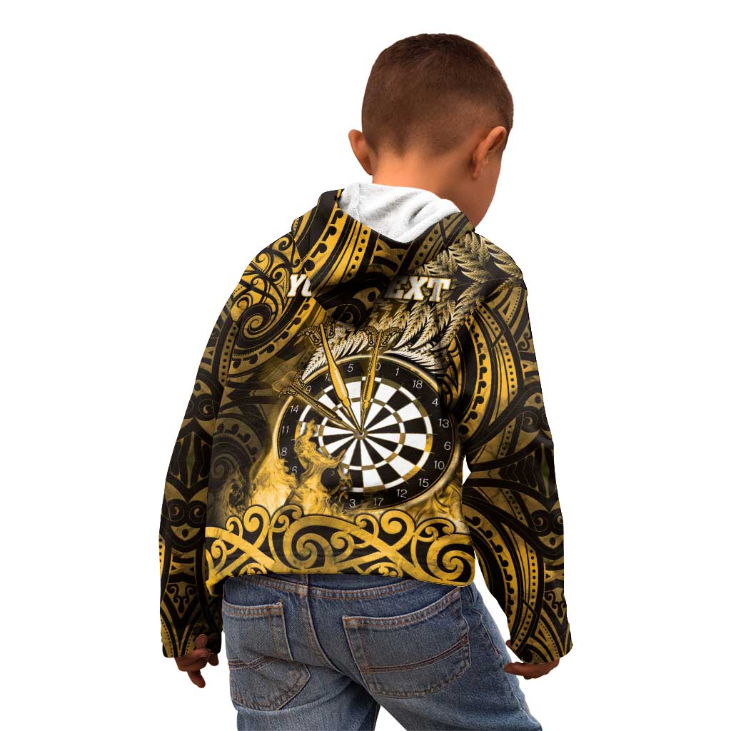 Personalised New Zealand Darts Kid Hoodie Maori Koru Dartboard Gold Flame