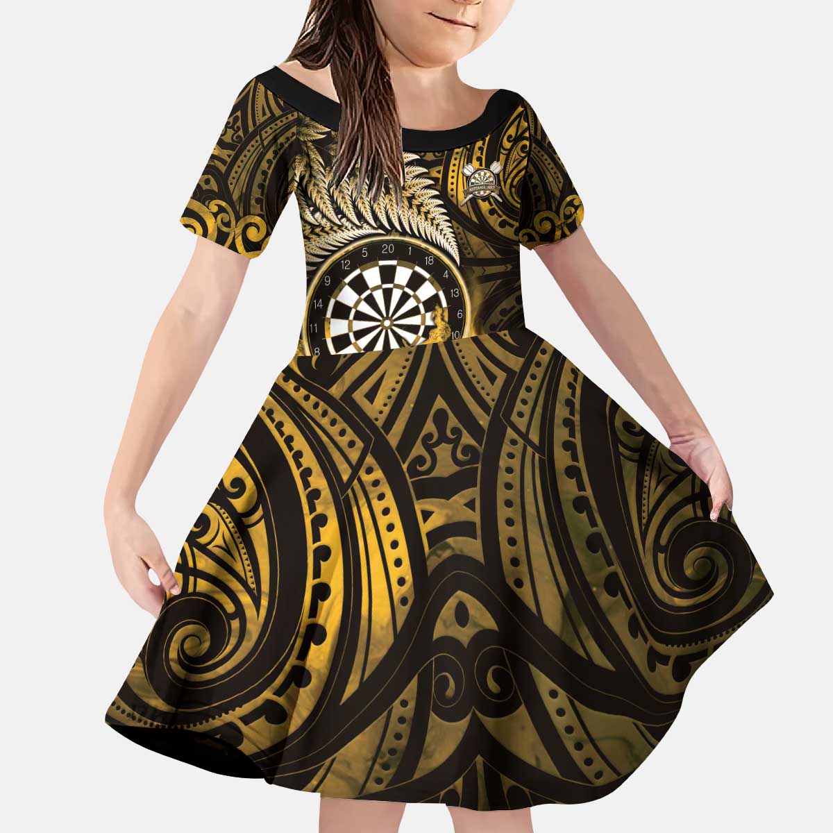 Personalised New Zealand Darts Kid Short Sleeve Dress Maori Koru Dartboard Gold Flame