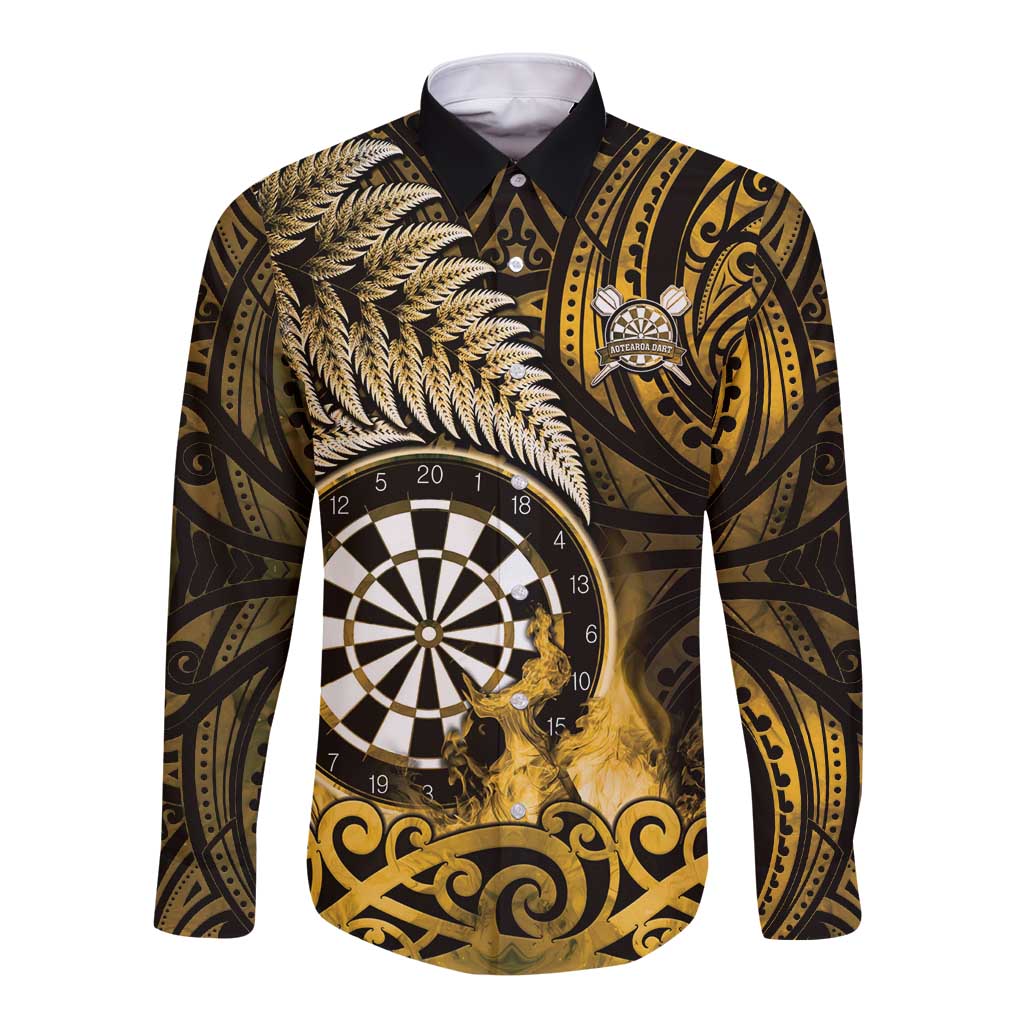 Personalised New Zealand Darts Long Sleeve Button Shirt Maori Koru Dartboard Gold Flame