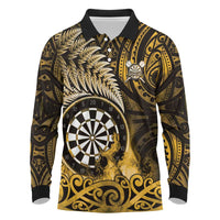 Personalised New Zealand Darts Long Sleeve Polo Shirt Maori Koru Dartboard Gold Flame