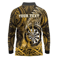 Personalised New Zealand Darts Long Sleeve Polo Shirt Maori Koru Dartboard Gold Flame