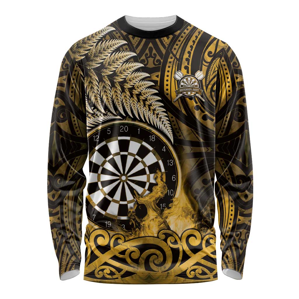 Personalised New Zealand Darts Long Sleeve Shirt Maori Koru Dartboard Gold Flame