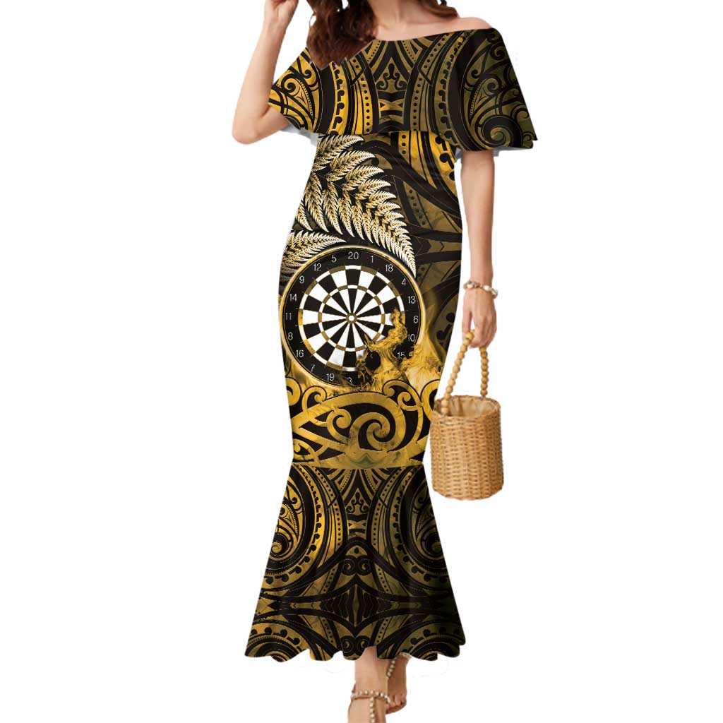Personalised New Zealand Darts Mermaid Dress Maori Koru Dartboard Gold Flame