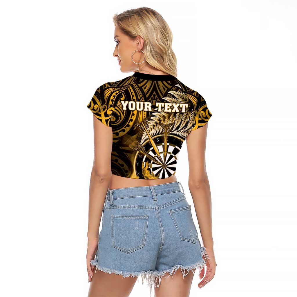 Personalised New Zealand Darts Raglan Cropped T Shirt Maori Koru Dartboard Gold Flame