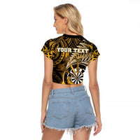 Personalised New Zealand Darts Raglan Cropped T Shirt Maori Koru Dartboard Gold Flame