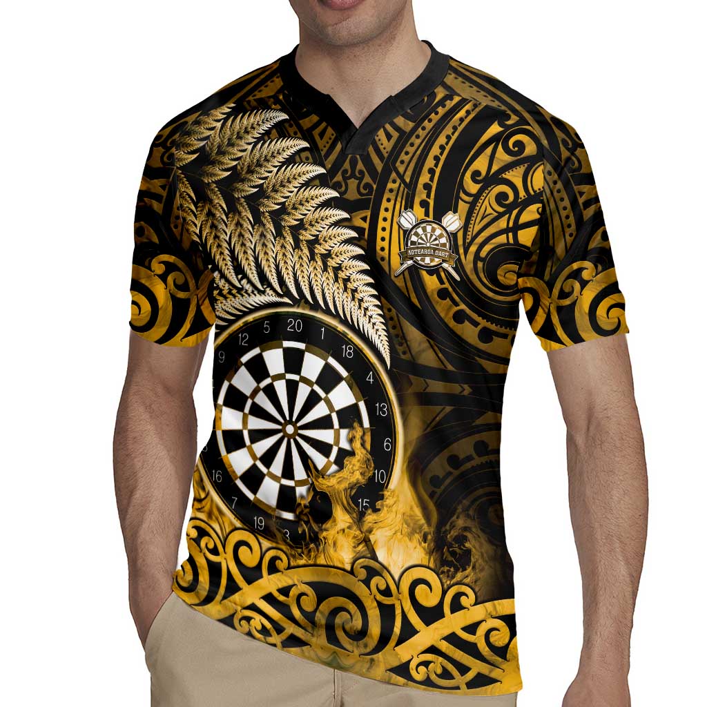 Personalised New Zealand Darts Rugby Jersey Maori Koru Dartboard Gold Flame