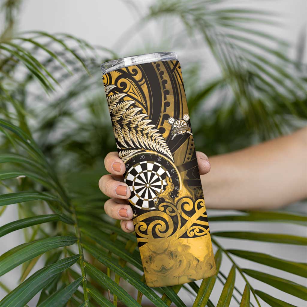 Personalised New Zealand Darts Skinny Tumbler Maori Koru Dartboard Gold Flame LT05 - Polynesian Pride