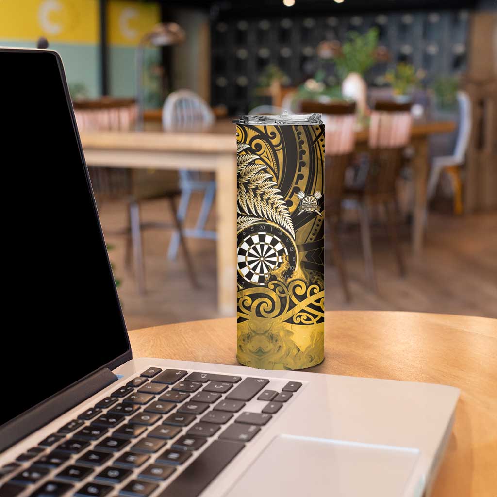 Personalised New Zealand Darts Skinny Tumbler Maori Koru Dartboard Gold Flame LT05 - Polynesian Pride