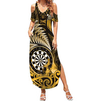 Personalised New Zealand Darts Summer Maxi Dress Maori Koru Dartboard Gold Flame