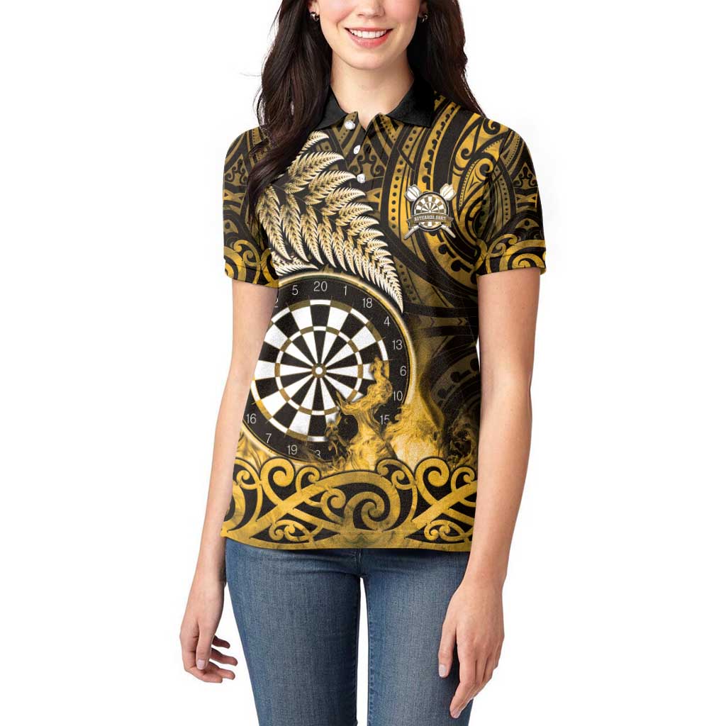 Personalised New Zealand Darts Women Polo Shirt Maori Koru Dartboard Gold Flame