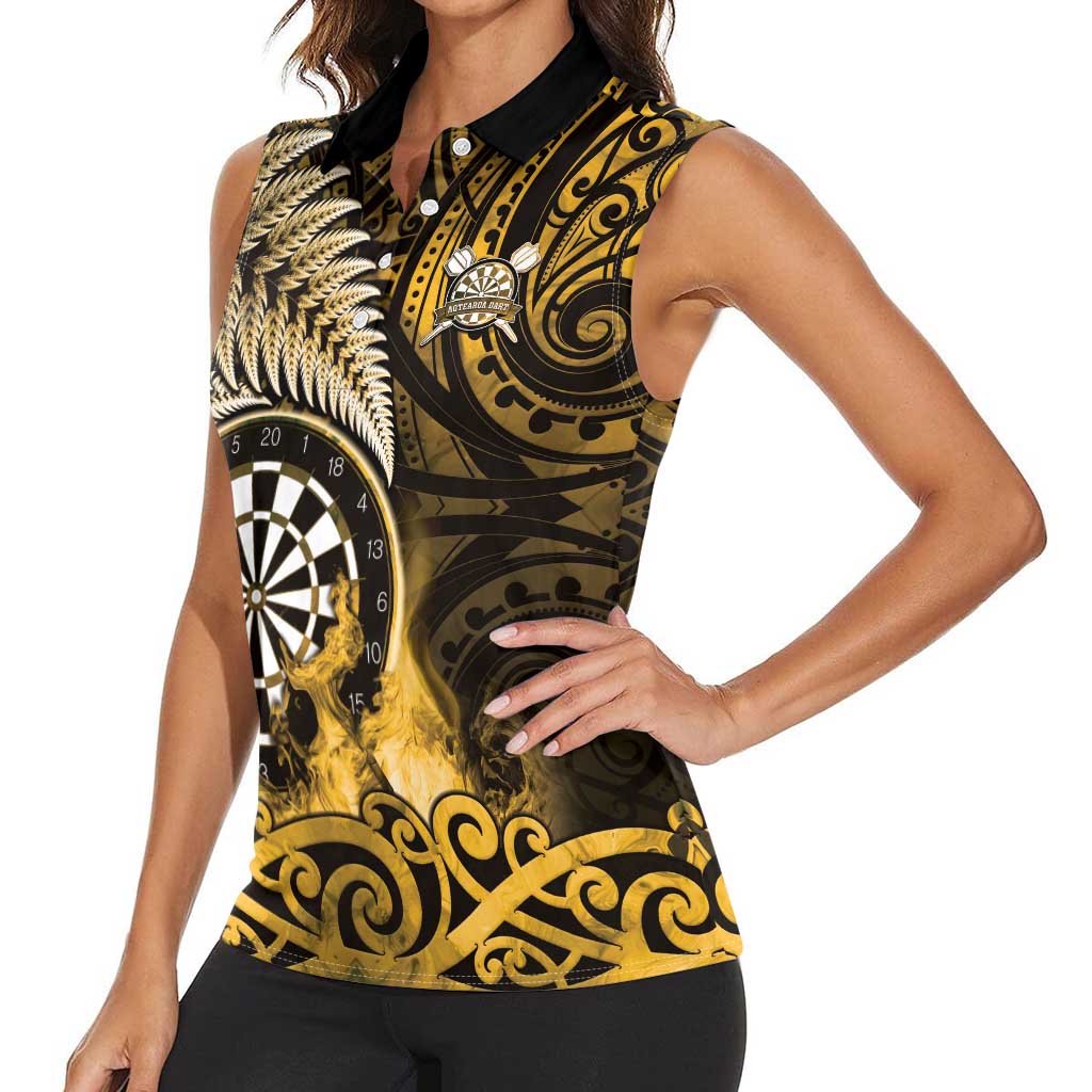 Personalised New Zealand Darts Women Sleeveless Polo Shirt Maori Koru Dartboard Gold Flame