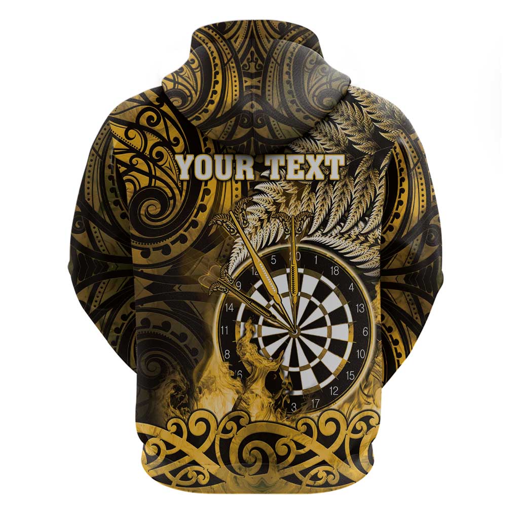 Personalised New Zealand Darts Zip Hoodie Maori Koru Dartboard Gold Flame