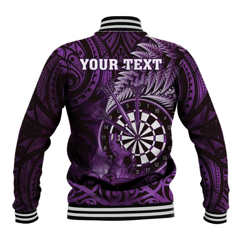 Personalised New Zealand Darts Baseball Jacket Maori Koru Dartboard Purple Flame