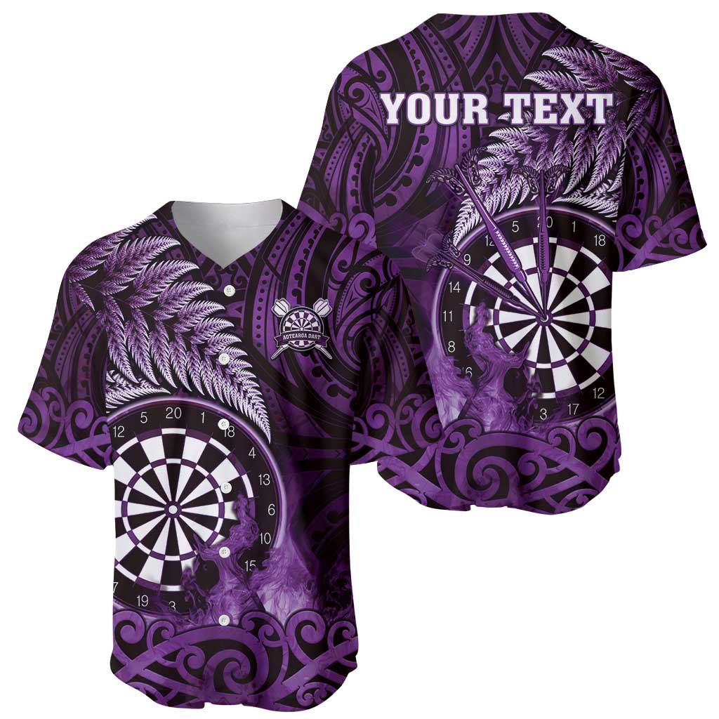 Personalised New Zealand Darts Baseball Jersey Maori Koru Dartboard Purple Flame