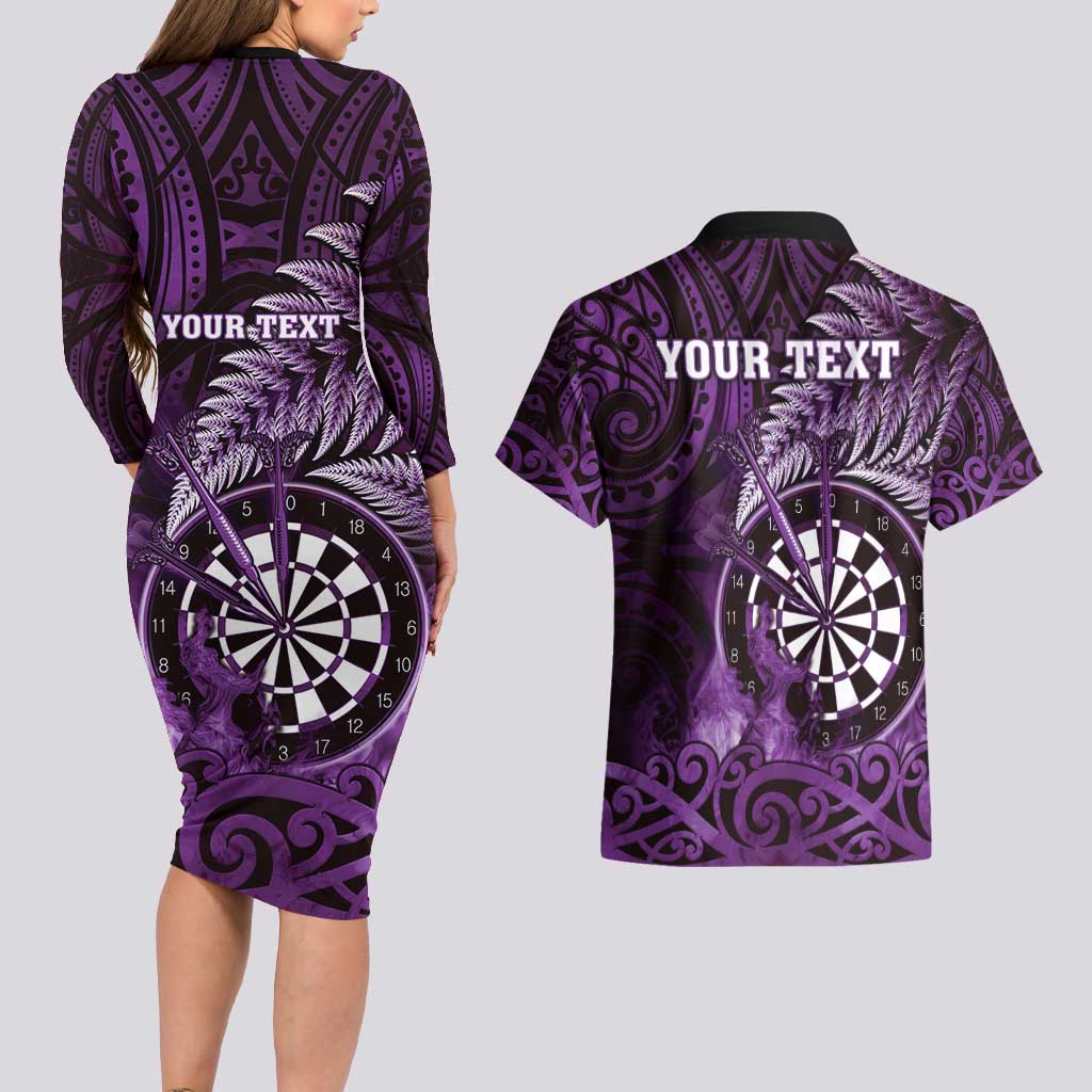 Personalised New Zealand Darts Couples Matching Long Sleeve Bodycon Dress and Hawaiian Shirt Maori Koru Dartboard Purple Flame