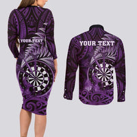 Personalised New Zealand Darts Couples Matching Long Sleeve Bodycon Dress and Long Sleeve Button Shirt Maori Koru Dartboard Purple Flame