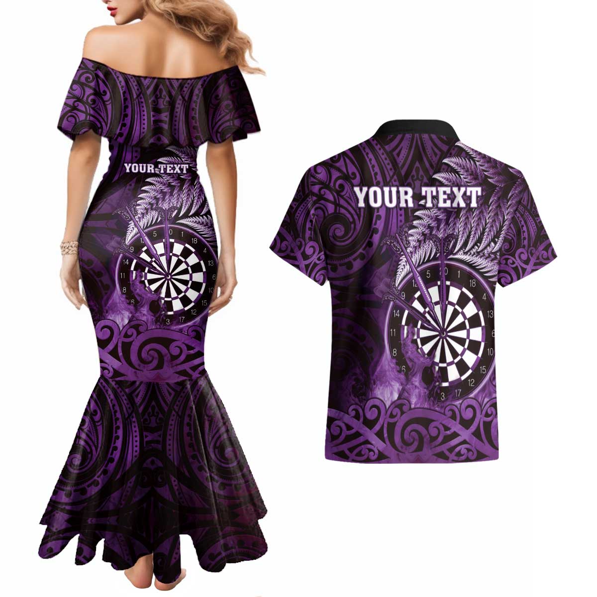 Personalised New Zealand Darts Couples Matching Mermaid Dress and Hawaiian Shirt Maori Koru Dartboard Purple Flame