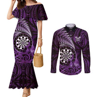 Personalised New Zealand Darts Couples Matching Mermaid Dress and Long Sleeve Button Shirt Maori Koru Dartboard Purple Flame