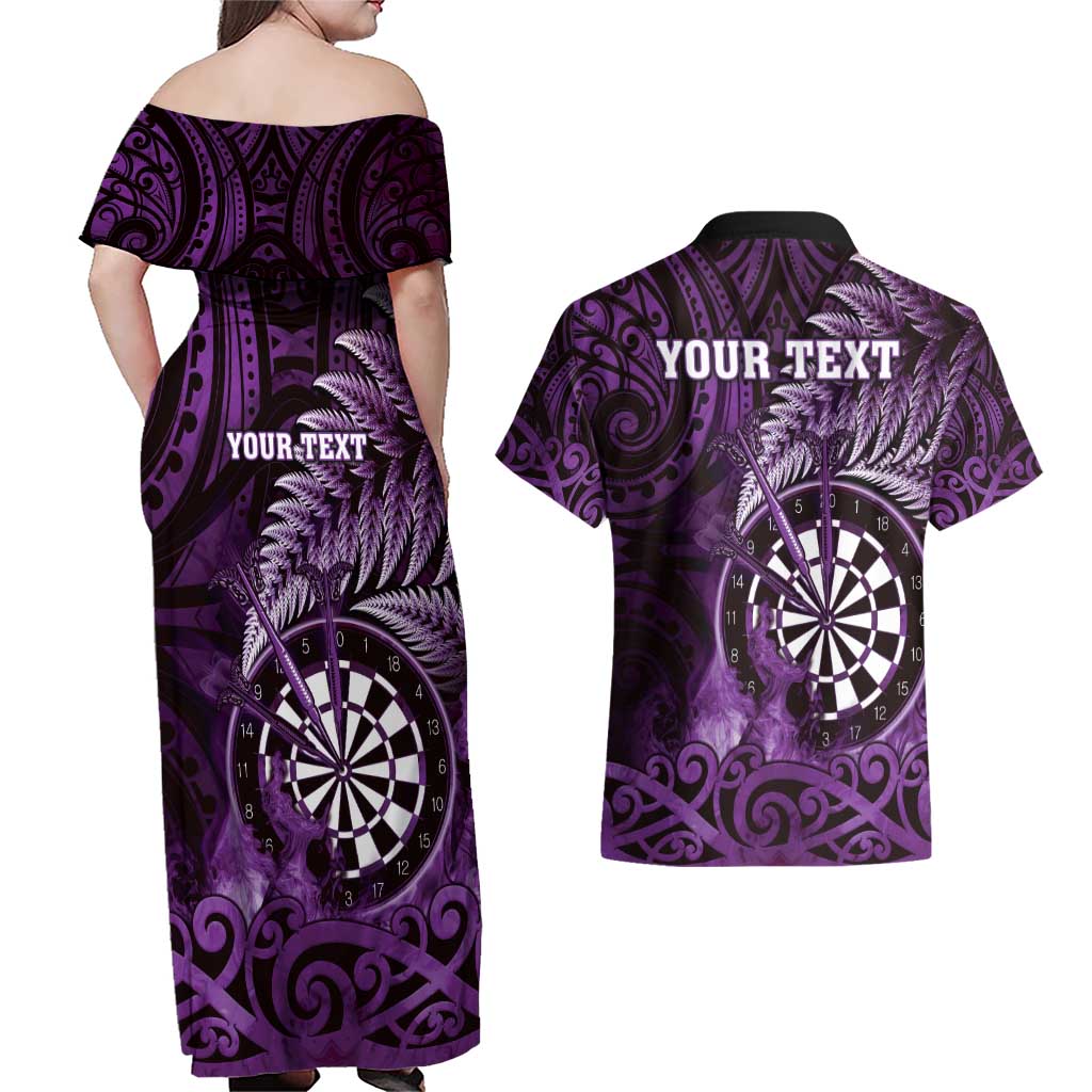 Personalised New Zealand Darts Couples Matching Off Shoulder Maxi Dress and Hawaiian Shirt Maori Koru Dartboard Purple Flame