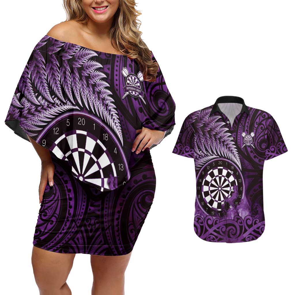 Personalised New Zealand Darts Couples Matching Off Shoulder Short Dress and Hawaiian Shirt Maori Koru Dartboard Purple Flame