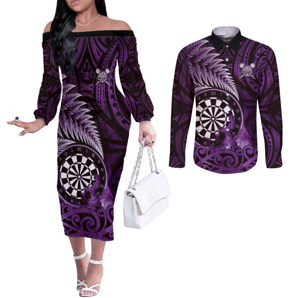 Personalised New Zealand Darts Couples Matching Off The Shoulder Long Sleeve Dress and Long Sleeve Button Shirt Maori Koru Dartboard Purple Flame