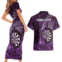 Personalised New Zealand Darts Couples Matching Short Sleeve Bodycon Dress and Hawaiian Shirt Maori Koru Dartboard Purple Flame