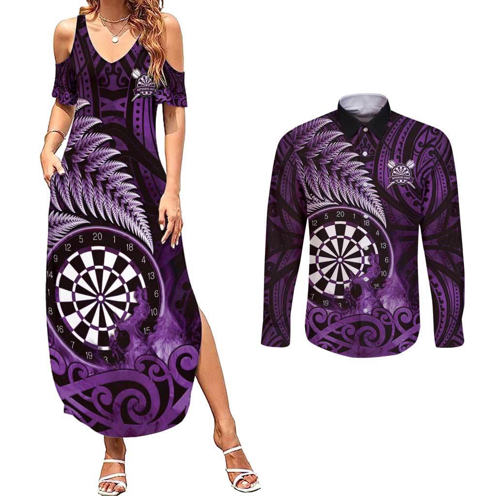 Personalised New Zealand Darts Couples Matching Summer Maxi Dress and Long Sleeve Button Shirt Maori Koru Dartboard Purple Flame
