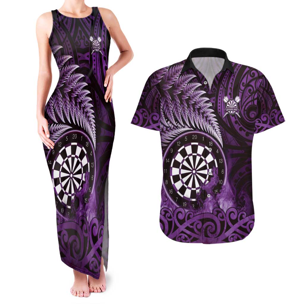 Personalised New Zealand Darts Couples Matching Tank Maxi Dress and Hawaiian Shirt Maori Koru Dartboard Purple Flame