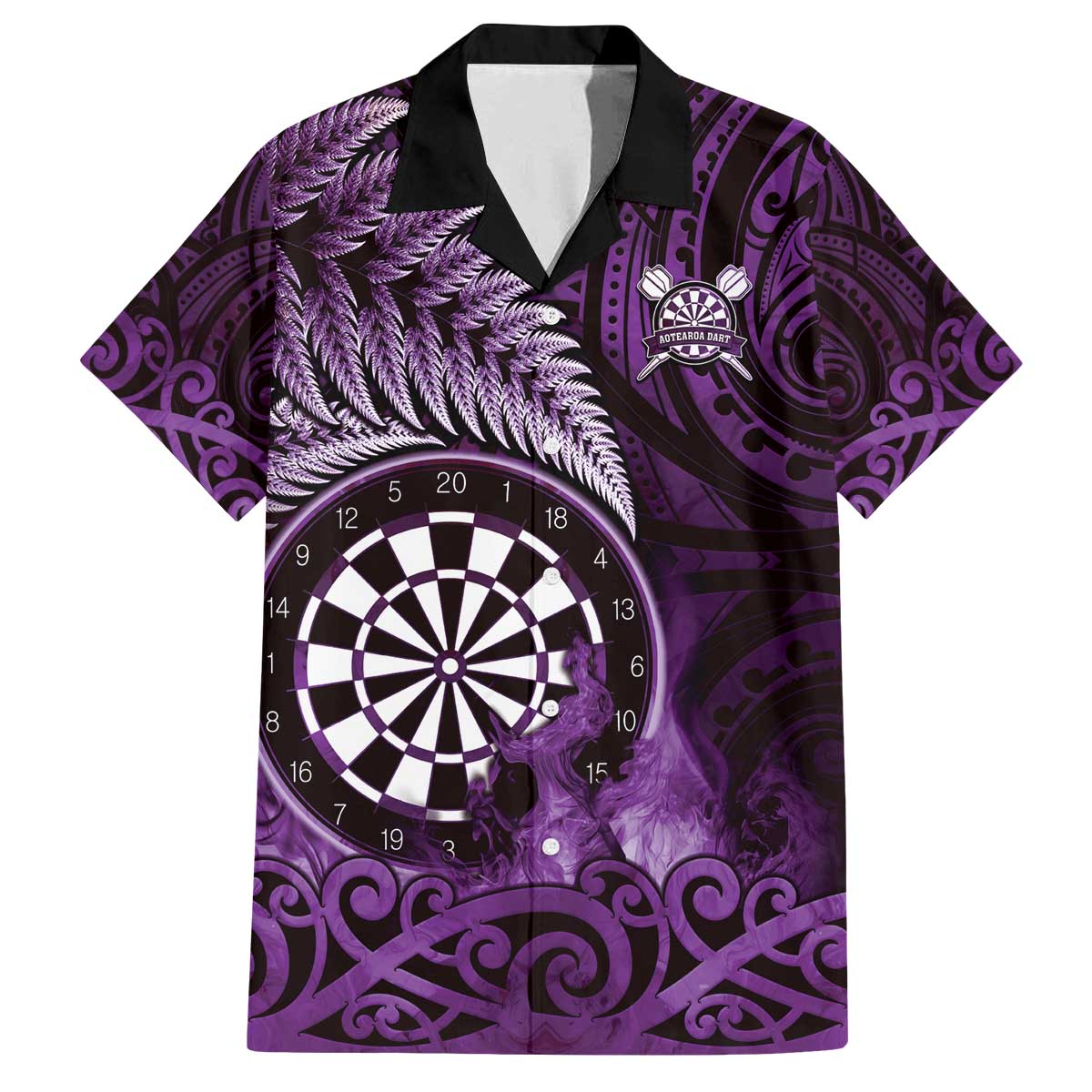 Personalised New Zealand Darts Family Matching Off The Shoulder Long Sleeve Dress and Hawaiian Shirt Maori Koru Dartboard Purple Flame