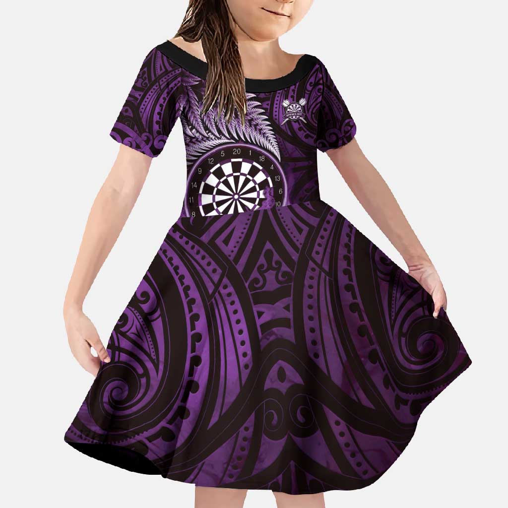 Personalised New Zealand Darts Family Matching Off Shoulder Maxi Dress and Hawaiian Shirt Maori Koru Dartboard Purple Flame