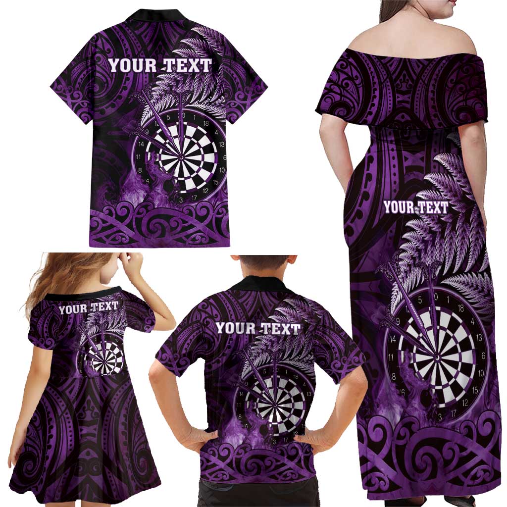Personalised New Zealand Darts Family Matching Off Shoulder Maxi Dress and Hawaiian Shirt Maori Koru Dartboard Purple Flame